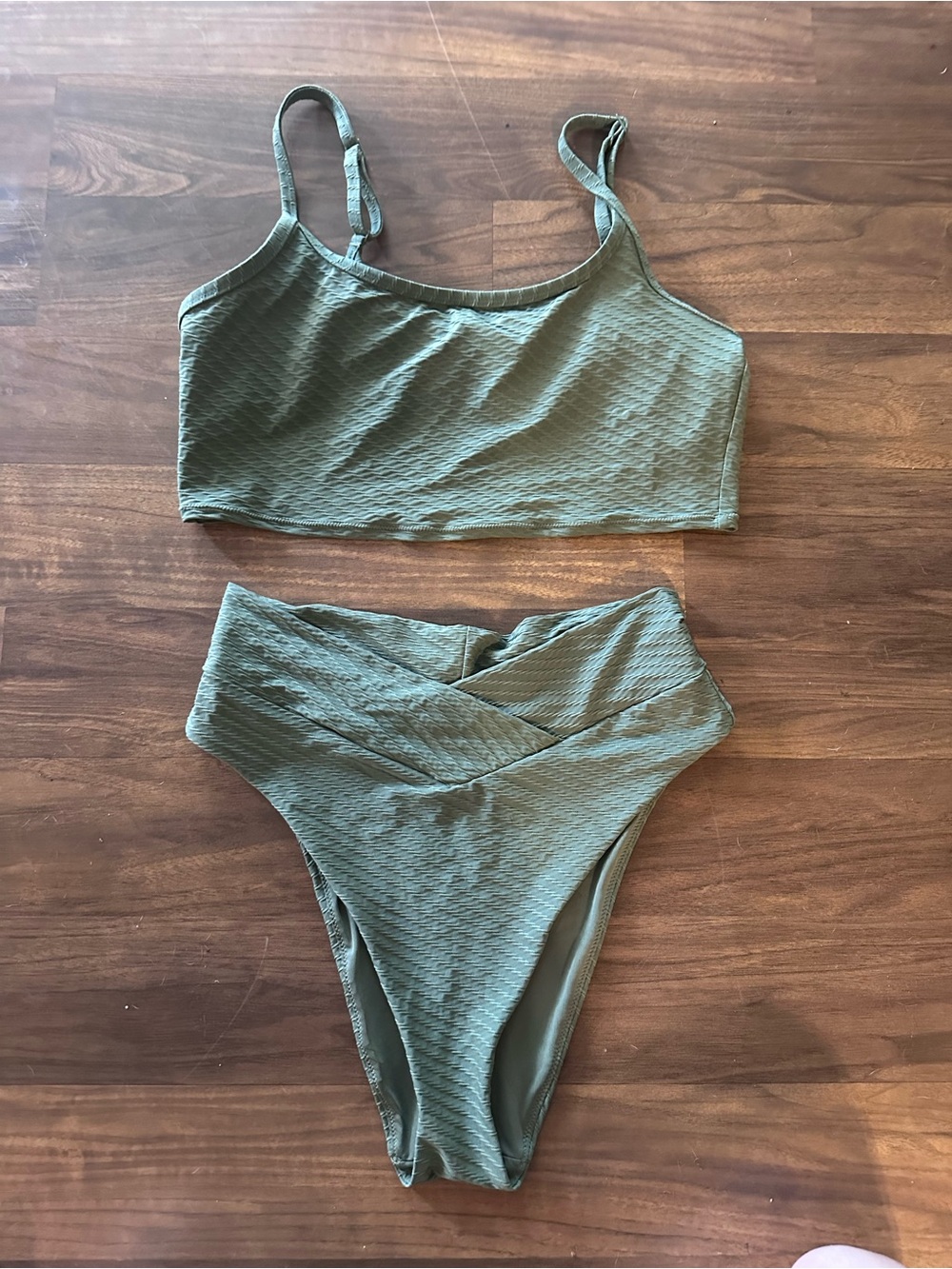 aerie Olive Green Textured High-Waist Bikini Set